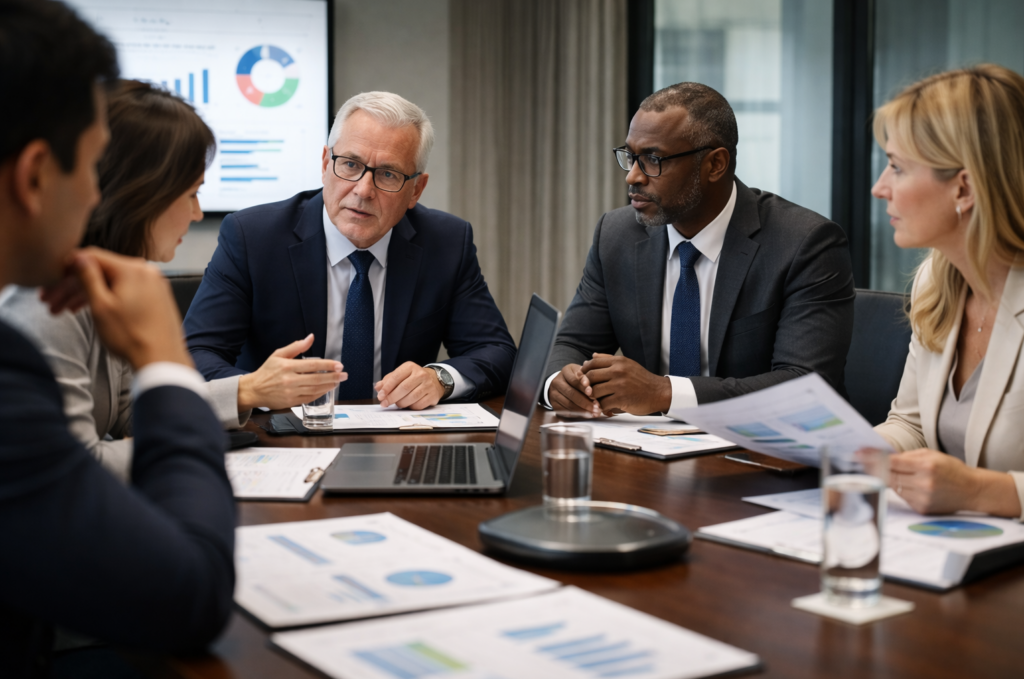 Executives discussing data during a high-pressure decision meeting
