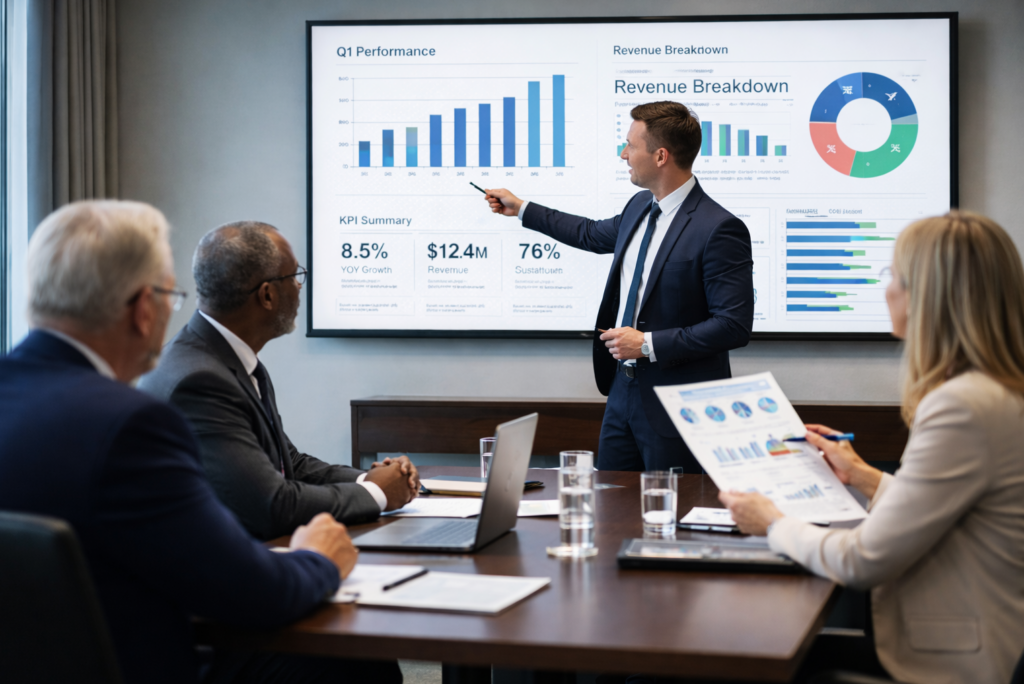 Leadership reviewing selective performance metrics in a presentation