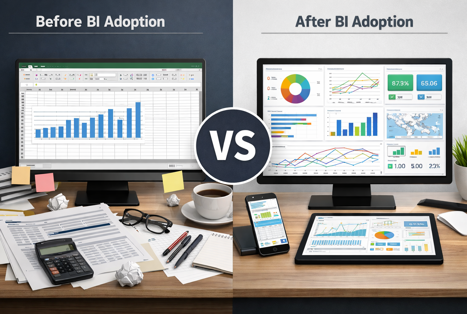 comparison showing Excel spreadsheets and business intelligence dashboards side by side illustrating reporting friction after BI adoption