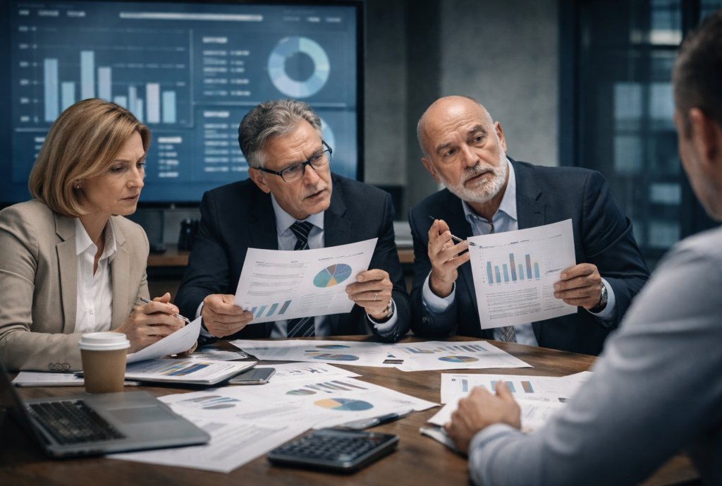 business leaders reviewing analytics reports during budget decisions and questioning ROI