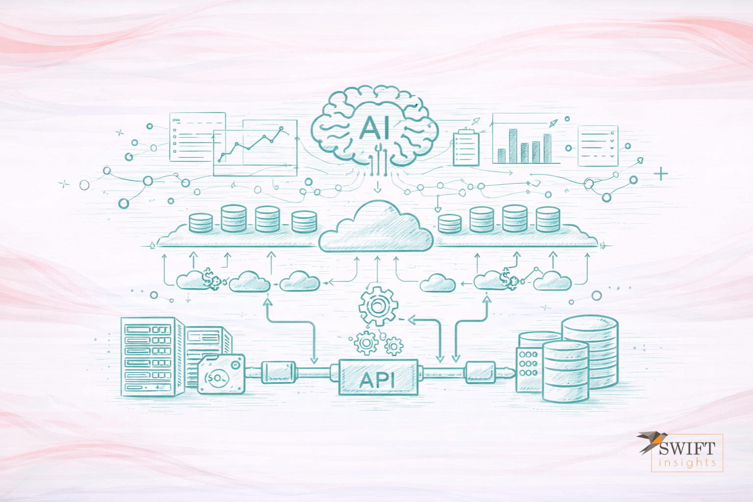 Data foundation for AI analytics showing infrastructure, pipelines, and cloud nodes supporting an AI layer above