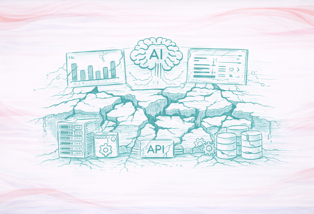 Fragile data foundation for AI analytics showing cracked infrastructure beneath dashboards and AI tools