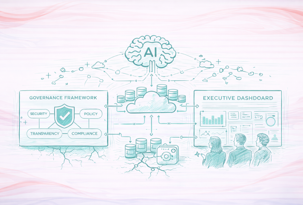 Strong data foundation for AI analytics showing connected cloud platform, governance framework, and executive dashboard