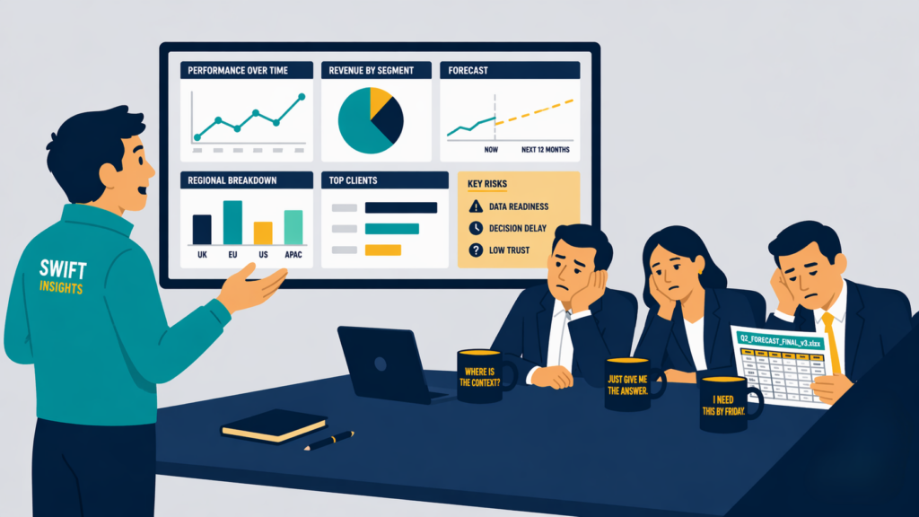 Data team presenting to disengaged mid-market leadership, illustrating why proven data teams fail mid-market leaders.