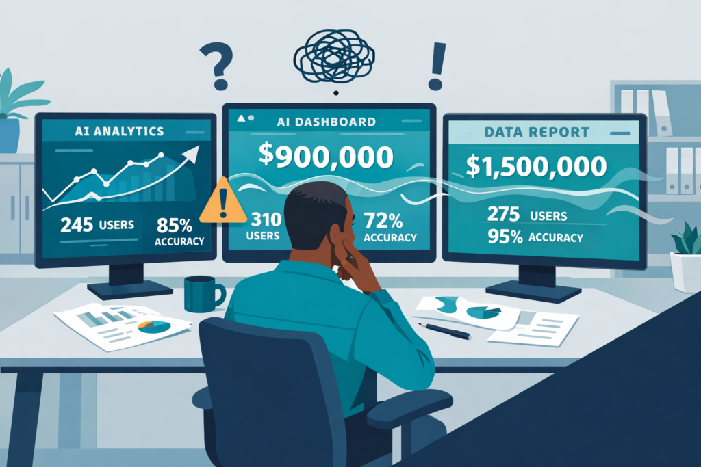 Data leader reviewing conflicting AI analytics results caused by poor data governance before deploying AI analytics.