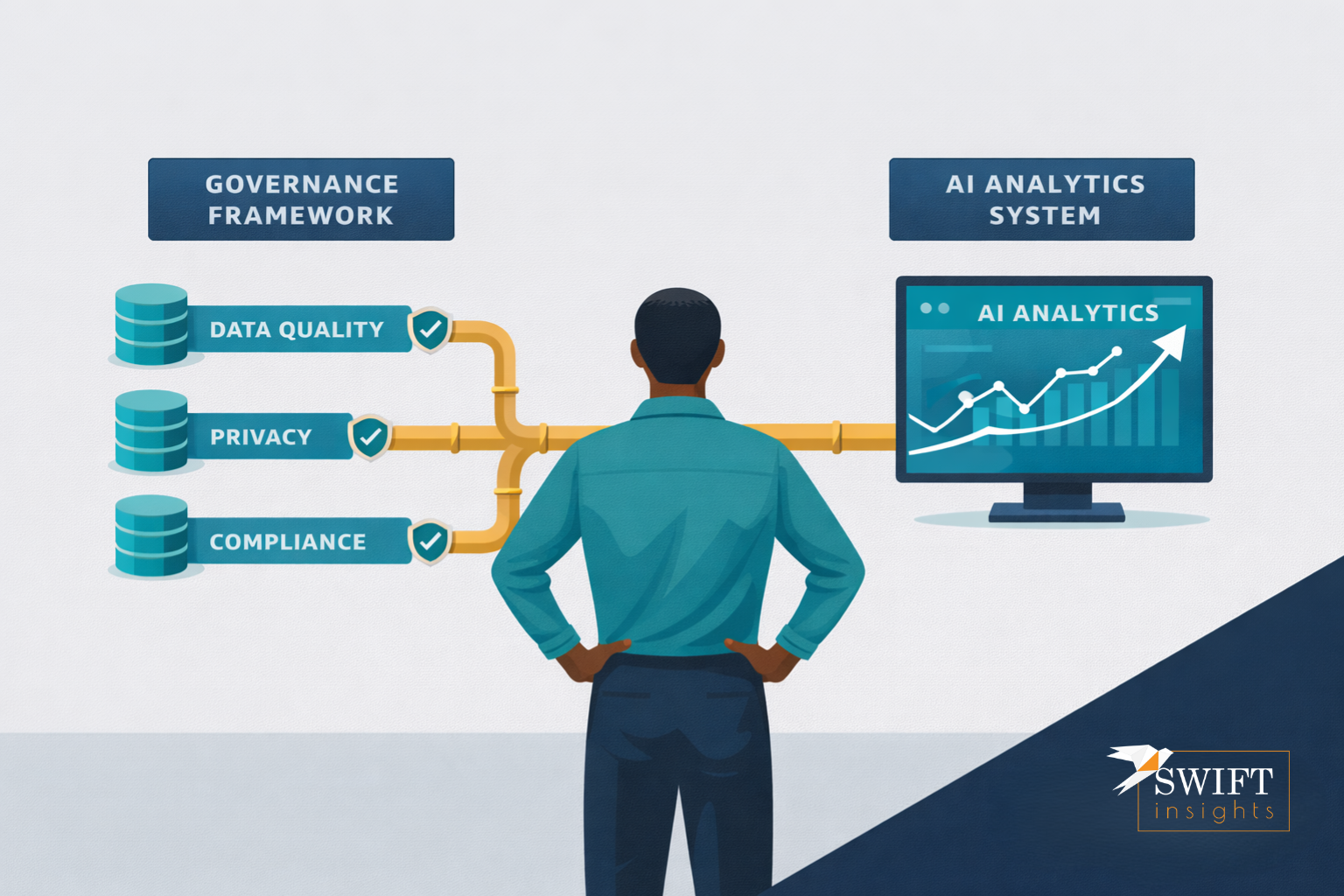 Data leader connecting governance framework to AI analytics system, representing the foundation required before deploying AI analytics in an enterprise.