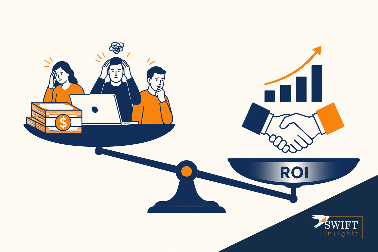 A visual scale comparing the cost of internal analytics teams versus the ROI of outsourcing analytics to a managed partner like Swift Insights.